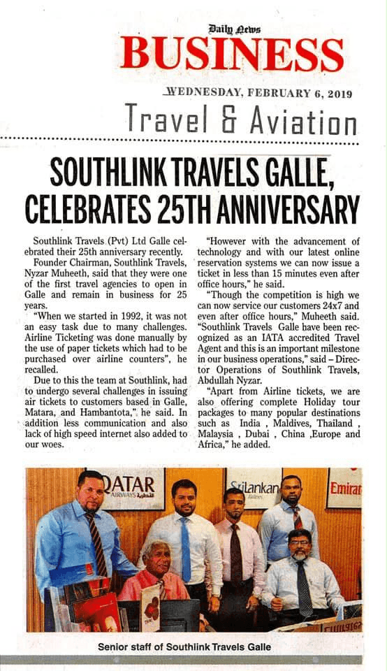 Daily News feature on Southlink Travels’ 25th anniversary, published 6 February 2019